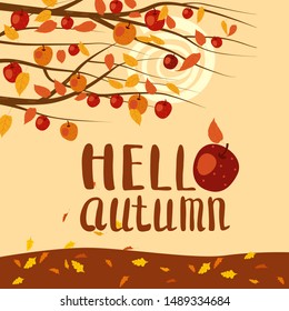 Hello Autumn apple tree branches foliage landscape fruit harvest season lettering in trend style flat cartoon. Illustration vector isolated banner postcard poster