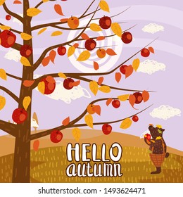 Hello Autumn apple tree Cute bear in pants with apple landscape fruit harvest season lettering in trend style flat cartoon panorama horizon. Illustration vector isolated banner postcard poster