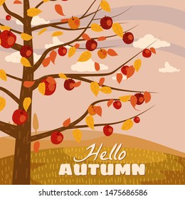 Hello Autumn apple tree landscape fruit harvest season in trend style flat cartoon panorama horizon. Illustration vector isolated banner postcard poster