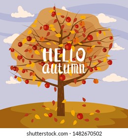 Hello Autumn apple tree landscape fruit harvest season lettering in trend style flat cartoon panorama horizon. Illustration vector isolated banner postcard poster