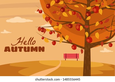 Hello Autumn apple tree landscape fruit harvest season in trend style flat cartoon panorama horizon. Illustration vector isolated banner postcard poster