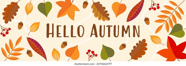 Hello Autumn. Autumnal greeting card with leaves, acorns and berries.