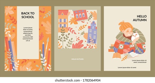 Hello autumn and back to school illustration. Set of vector banners or cards with autumn cityscape, school supplies and a cute girl reading a book. Flat style image