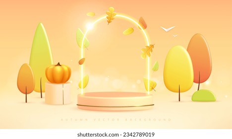 Hello Autumn background with 3D plastic stage and landscape with trees and clouds. Vector illustration