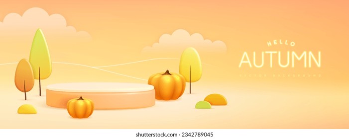 Hello Autumn background with 3D plastic stage and landscape with trees and clouds. Vector illustration