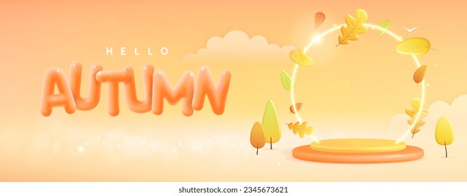 Hello Autumn background with 3D plastic stage, neon arch and autumn falling leaves. Vector illustration