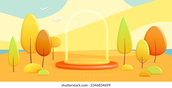 Hello Autumn background with 3D plastic stage and landscape with trees and clouds. Vector illustration