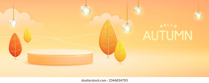 Hola fondo de otoño con escenario y paisaje de plástico 3D con árboles y nubes. Ilustración del vector