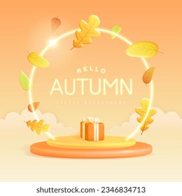 Hallo Herbsthintergrund mit 3D-Plastik-Bühne, Geschenkbox, Neonbogen und Herbstblätter fallen. Vektorgrafik