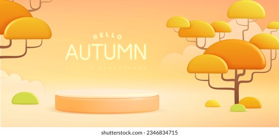 Hello Autumn background with 3D plastic stage and landscape with trees and clouds. Vector illustration