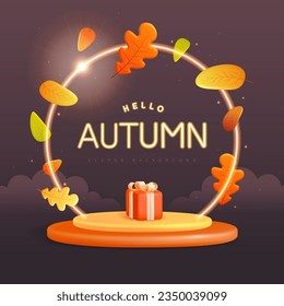 Hello Autumn background with 3D plastic stage, gift box, neon arch and autumn leaves fall. Vector illustration