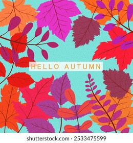 Hello autumn background, with abstract autumn leaves, templates for placards, banners, flyers, presentations, reports, sales, header, cover, social media, fashion ads, decor.