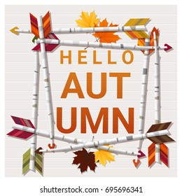 Hello autumn background with  arrows on wooden board , vector , illustration 