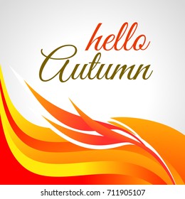 Hello autumn background with branch with leaves and bright red yellow stripes
