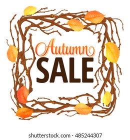 Hello Autumn Background. Bright autumn branch and leaves on wood background. Hello autumn lettering