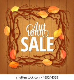 Hello Autumn Background. Bright autumn branch and leaves on wood background. Hello autumn lettering