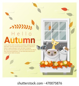 Hello autumn background with cats, vector , illustration