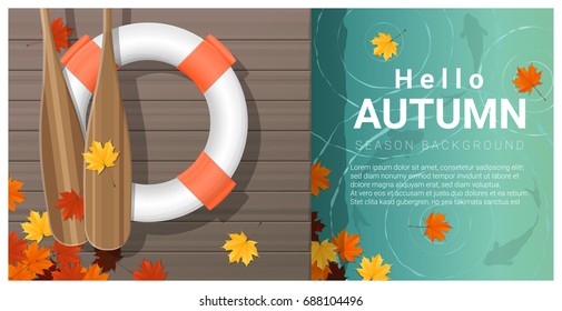 Hello autumn background with colorful leaves on wooden pier , vector , illustration