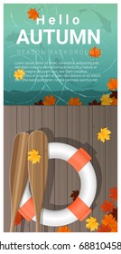 Hello autumn background with colorful leaves on wooden pier , vector , illustration