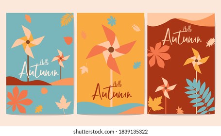 Hello autumn background with colorful pinwheels. Turbine, page.