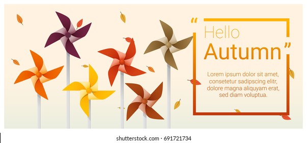 Hello autumn background with colorful pinwheels , vector , illustration