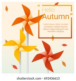 Hello autumn background with colorful pinwheels , vector , illustration
