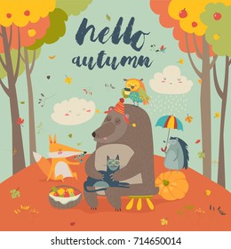 Hello Autumn Background With Cute Animals