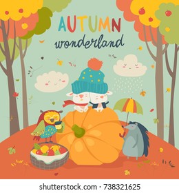 Hello autumn background with cute animals