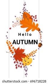 Hello autumn background with decorative wreath on wooden board , vector , illustration