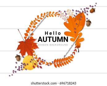 Hello autumn background with decorative wreath on wooden board , vector , illustration