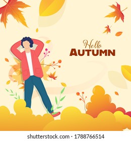 Hello Autumn Background With Faceless Young Boy Lying Down At Maple Leaves.