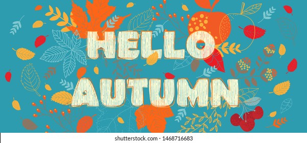 Hello Autumn Background With Fall Leaves. Nature Autumnal Vector Concept. Orange And Yellow Leaf Seasonal Illustration