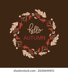 Hello autumn background with fall leaves. Nature autumnal vector concept. Orange and yellow leaf seasonal illustration