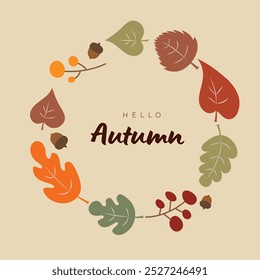 Hello Autumn Background with fallen leaves and acorns. Vector illustration.