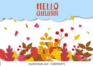 Hello Autumn, background with falling leaves, yellow, orange, brown, fall, lettering, template for poster, banner, vector, isolated