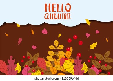 Hello Autumn, background with falling leaves, yellow, orange, brown, fall, lettering, template for poster, banner, vector, isolated