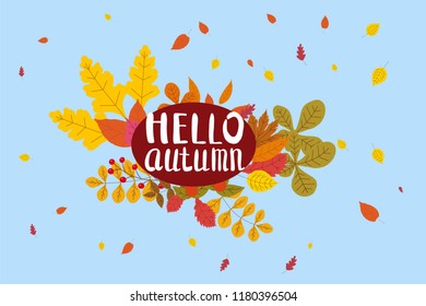 Hello Autumn, background with falling leaves, yellow, orange, brown, fall, lettering, template for poster, banner, vector, isolated