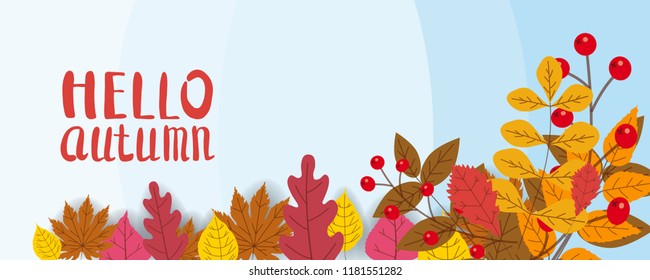 Hello Autumn, background with falling leaves, yellow, orange, brown, fall, lettering, template for poster, banner, vector, isolated