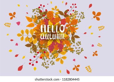 Hello Autumn, background with falling leaves, yellow, orange, brown, fall, lettering, template for poster, banner, vector, isolated