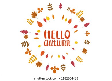 Hello Autumn, background with falling leaves, yellow, orange, brown, fall, lettering, template for poster, banner, vector, isolated