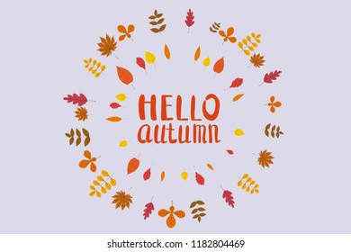 Hello Autumn, background with falling leaves, yellow, orange, brown, fall, lettering, template for poster, banner, vector, isolated