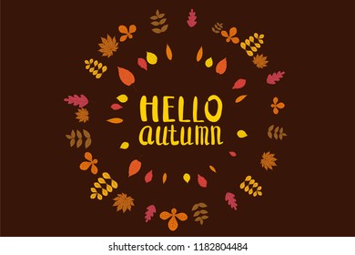 Hello Autumn, background with falling leaves, yellow, orange, brown, fall, lettering, template for poster, banner, vector, isolated