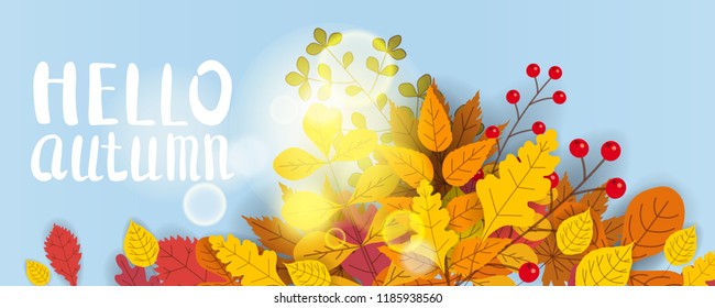Hello Autumn, background with falling leaves, yellow, orange, brown, fall, lettering, template for poster, banner, vector, isolated