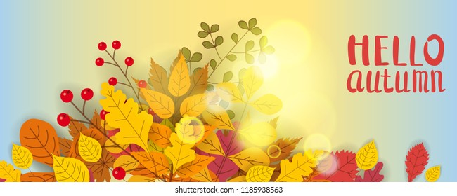 Hello Autumn, background with falling leaves, yellow, orange, brown, fall, lettering, template for poster, banner, vector, isolated