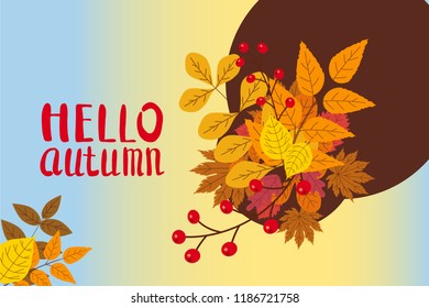 Hello Autumn, background with falling leaves, yellow, orange, brown, fall, lettering, template for poster, banner, vector, isolated