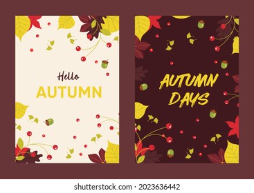 Hello Autumn Background with Falling Leaves and Berries. Abstract Editable Vector Illustration 