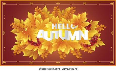 Hello autumn background with falling leaves vector illustration