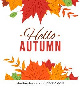 Hello Autumn Background with Flat Leaves Border
