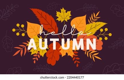 Hello Autumn Background, Autumn greetings Banner with fall maple leaves