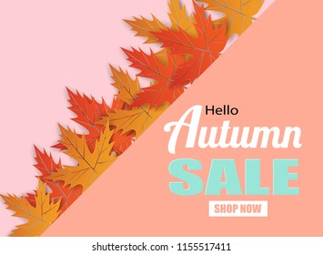 Hello Autumn. background layout decorate with leaves design for web ,banner ,template ,poster, web, banner. Vector